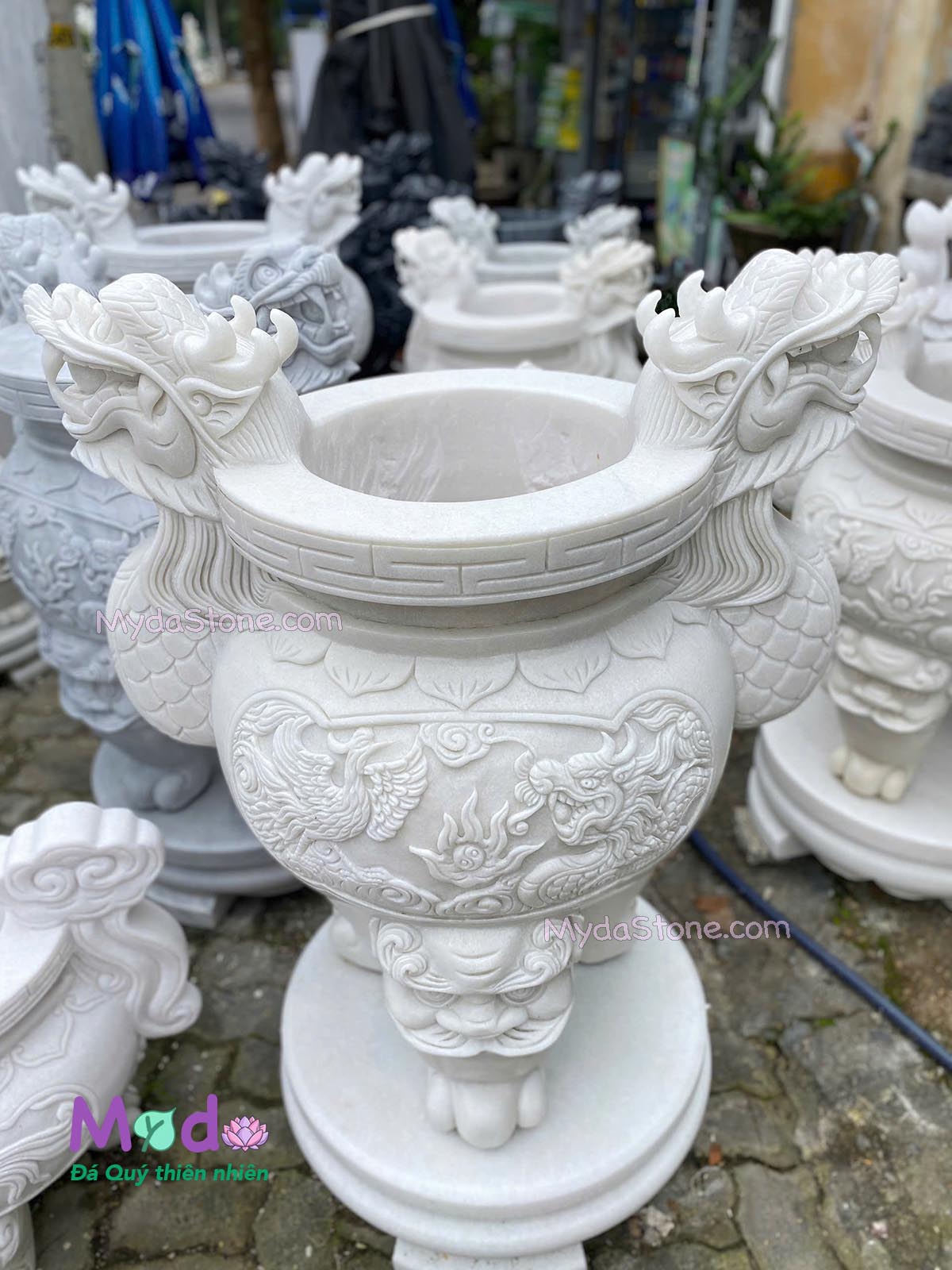 Lư Hương chạm rồng đá Cẩm Thạch Trắng