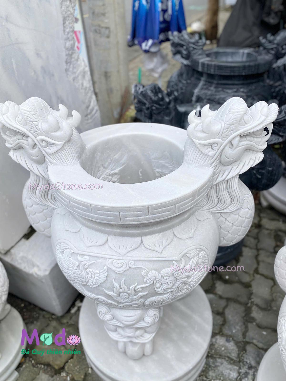 Lư Hương chạm rồng đá Cẩm Thạch Trắng
