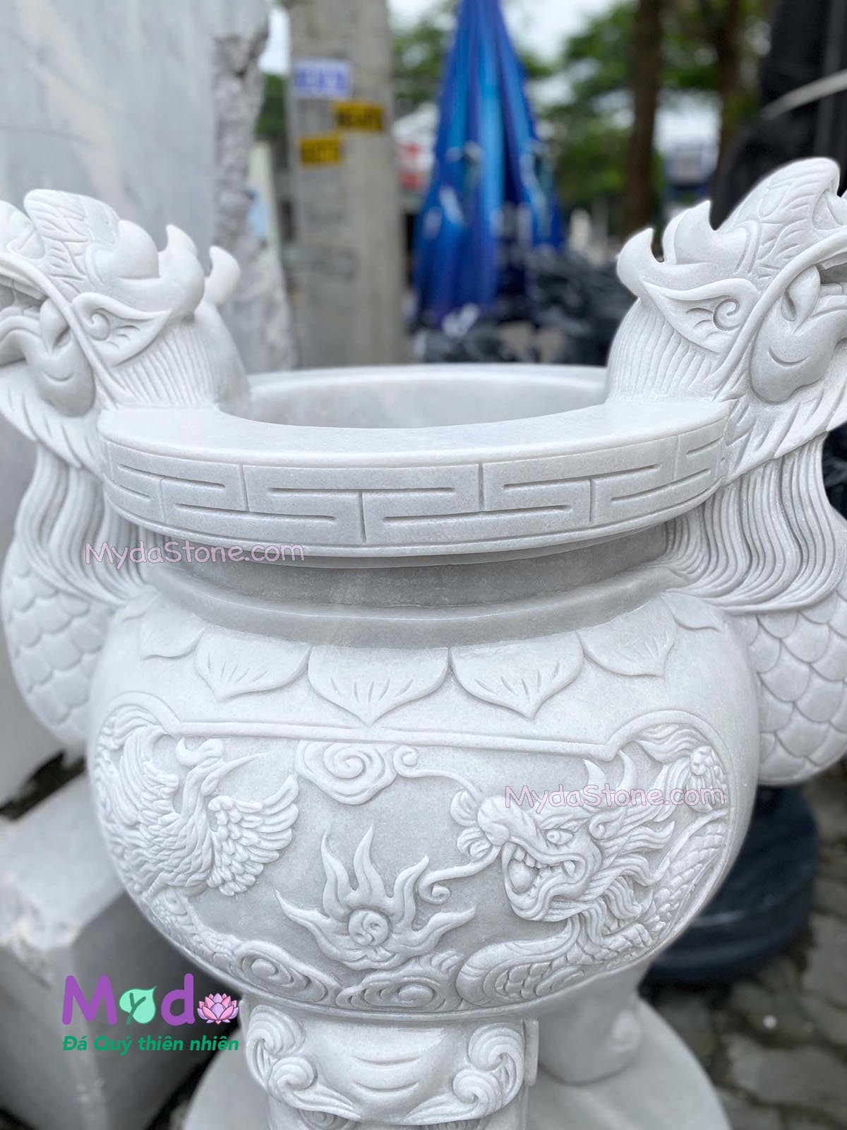 Lư Hương chạm rồng đá Cẩm Thạch Trắng