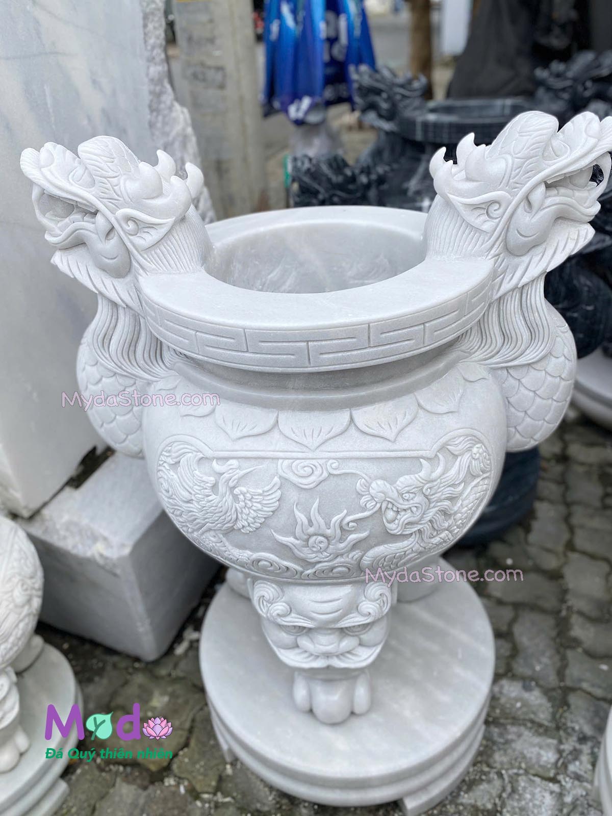 Lư Hương chạm rồng đá Cẩm Thạch Trắng