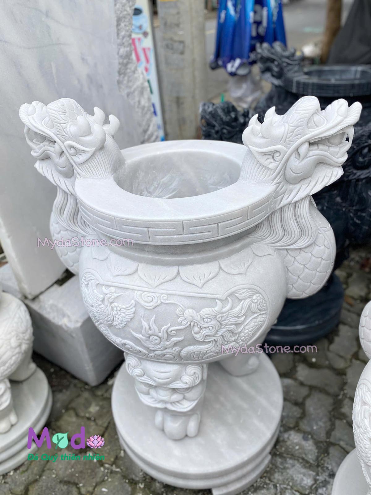Lư Hương chạm rồng đá Cẩm Thạch Trắng