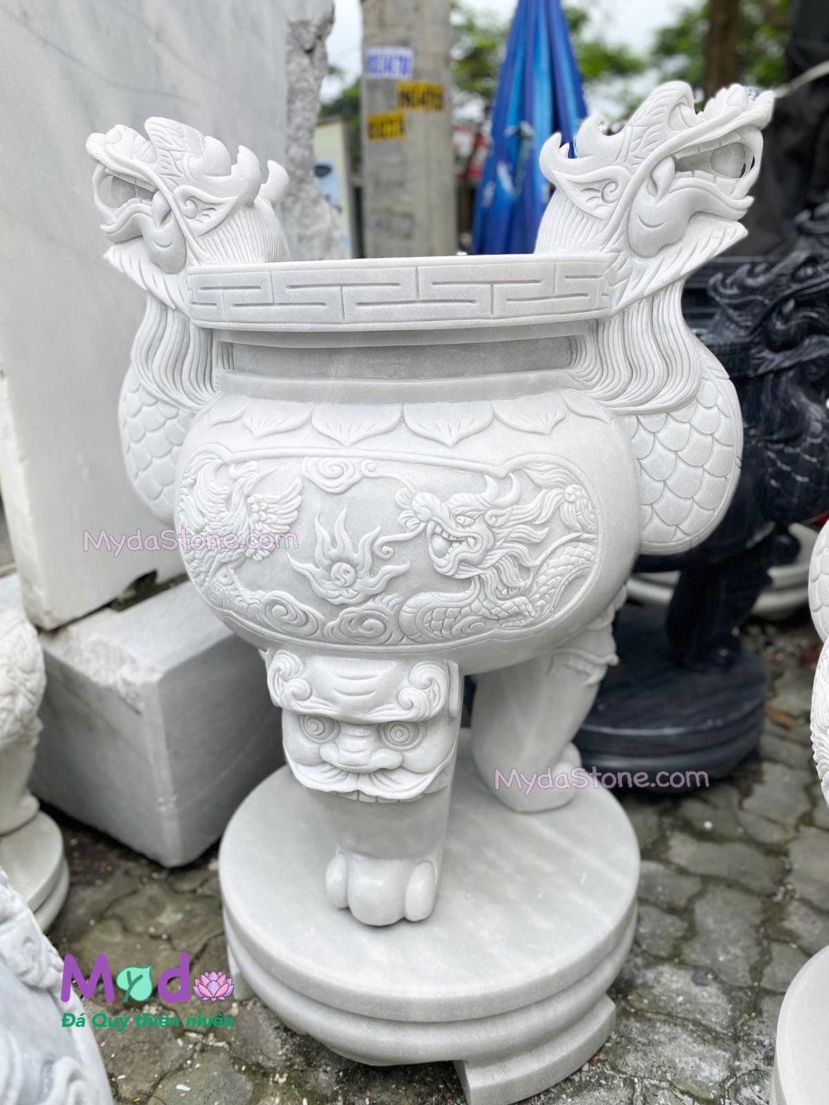 Lư Hương chạm rồng đá Cẩm Thạch Trắng