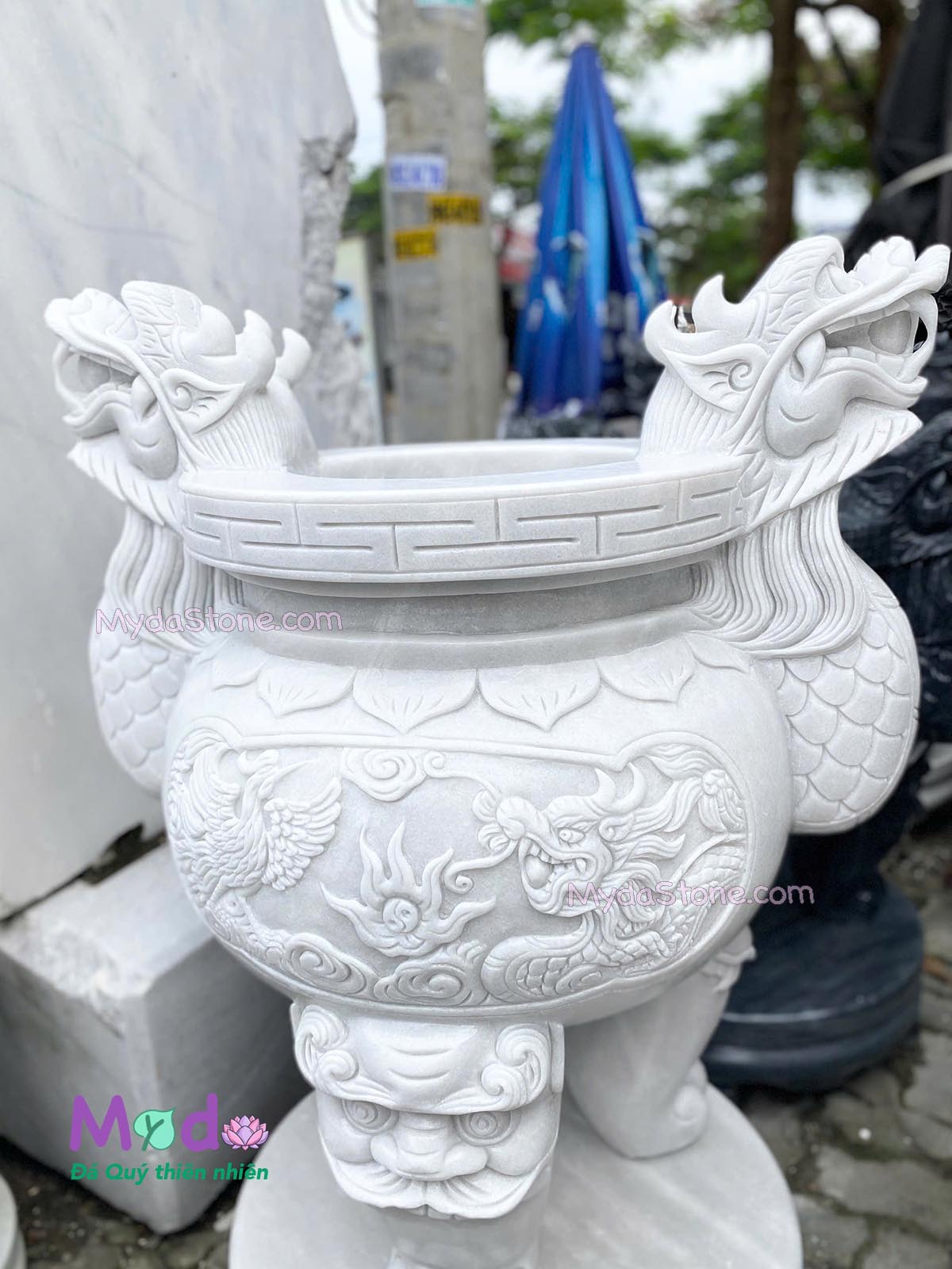Lư Hương chạm rồng đá Cẩm Thạch Trắng