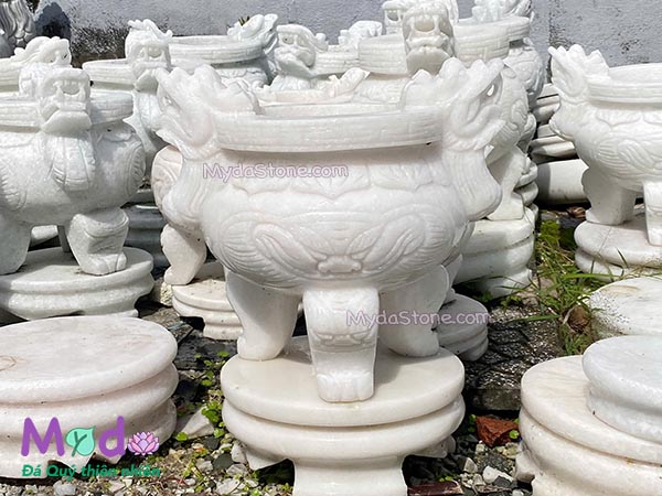 Lư Hương chạm rồng đá Cẩm Thạch Trắng