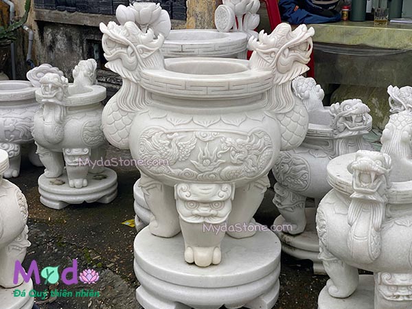 Lư Hương chạm rồng đá Cẩm Thạch Trắng