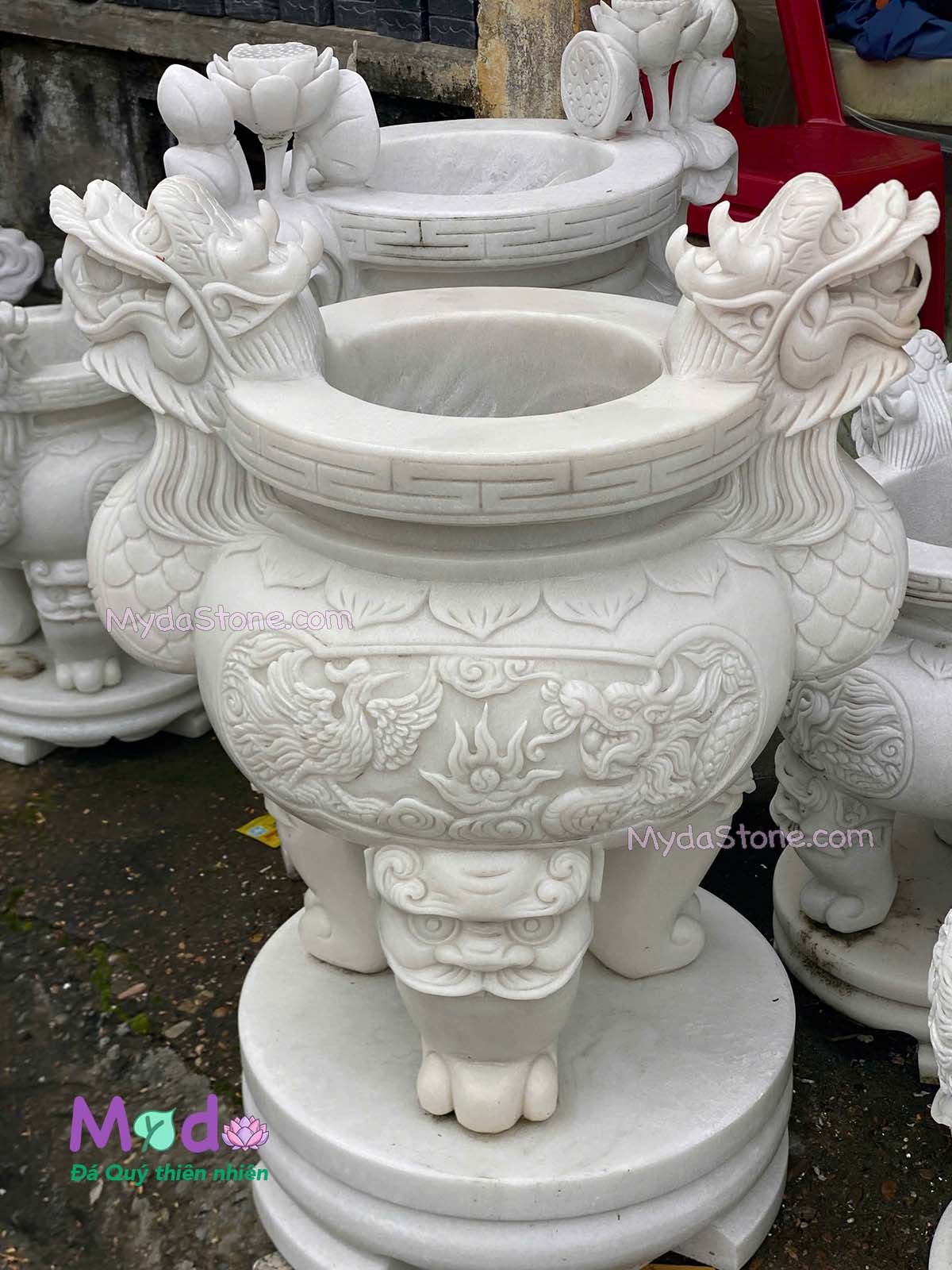 Lư Hương chạm rồng đá Cẩm Thạch Trắng