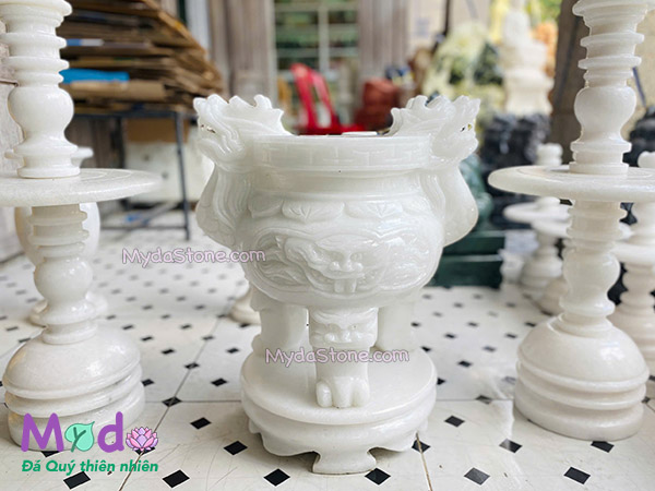 Lư Hương chạm rồng đá Cẩm Thạch Trắng