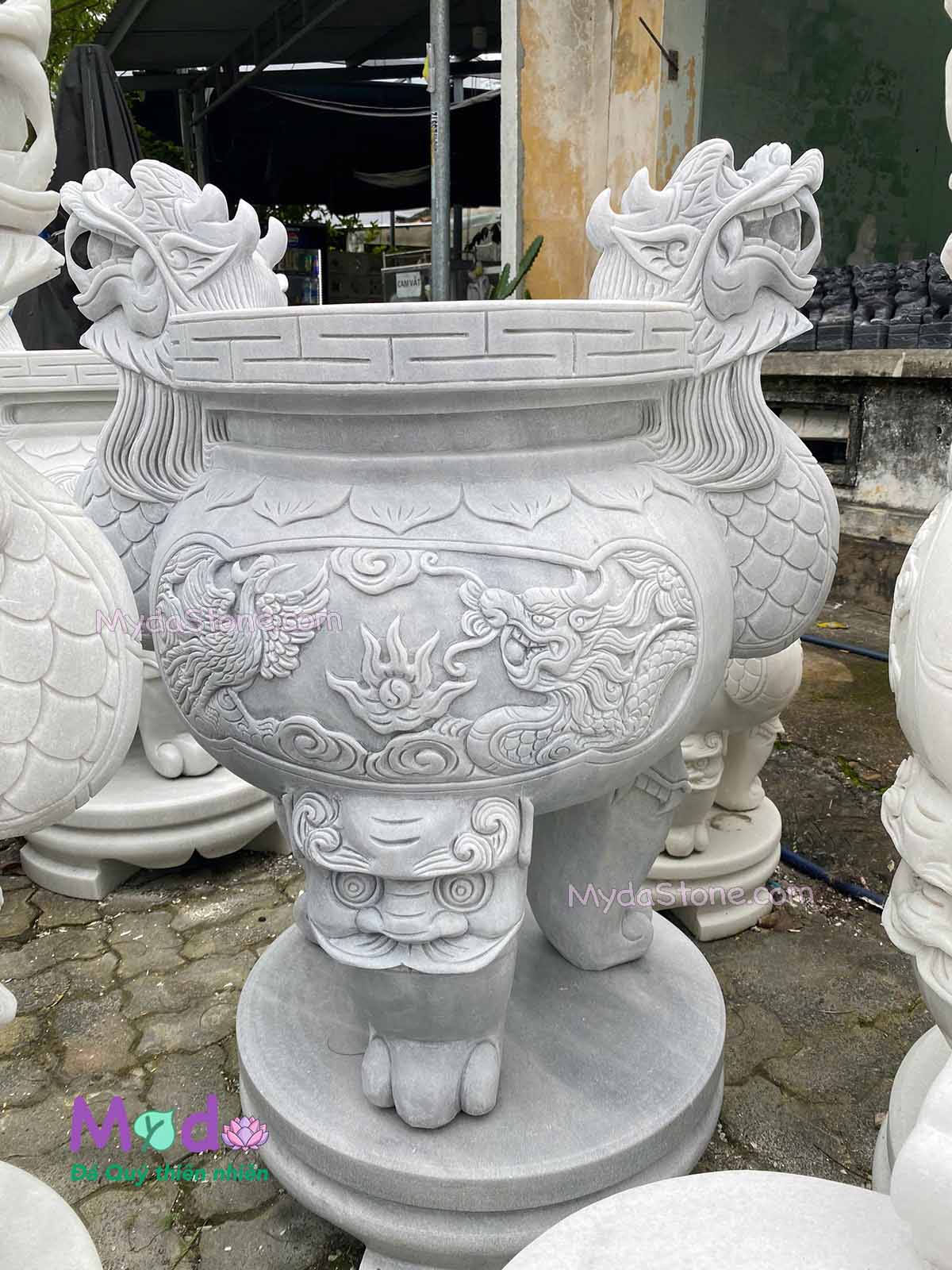 Lư Hương chạm rồng đá Cẩm Thạch Trắng Xám