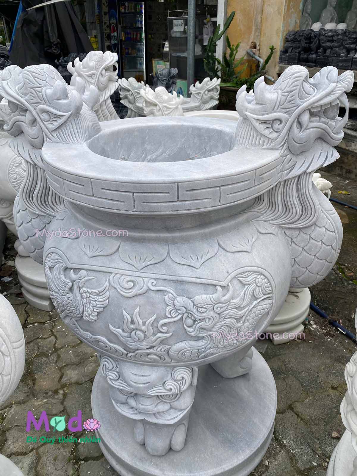 Lư Hương chạm rồng đá Cẩm Thạch Trắng Xám