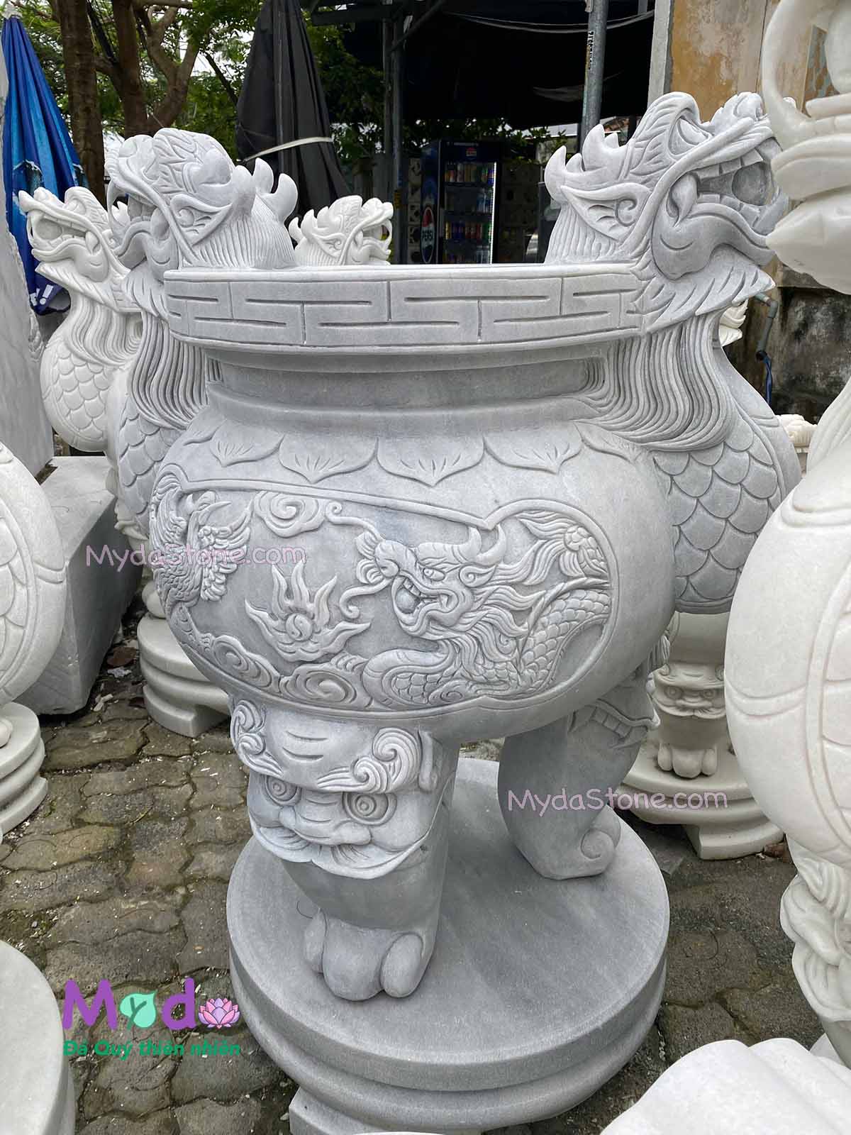 Lư Hương chạm rồng đá Cẩm Thạch Trắng Xám