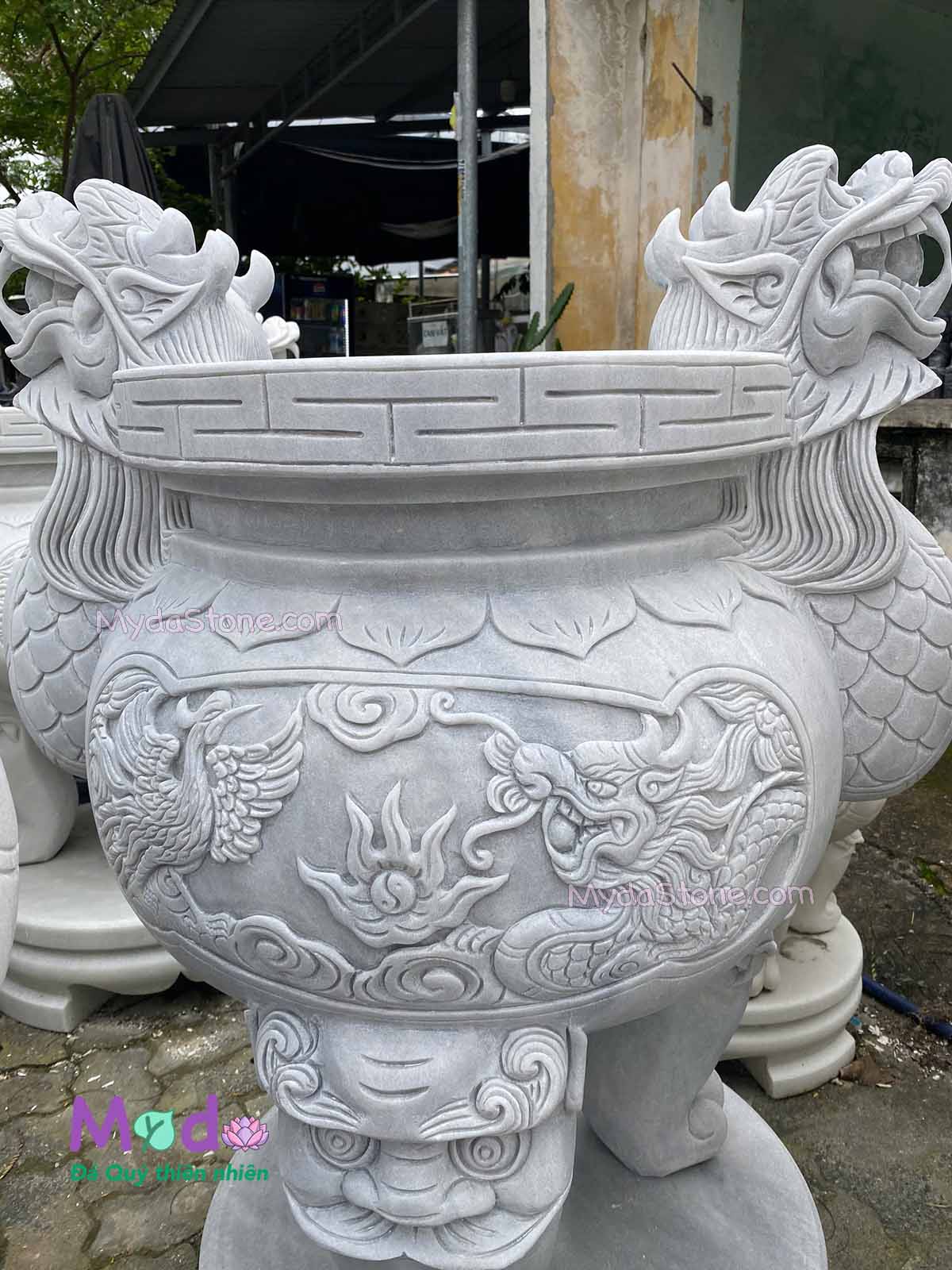 Lư Hương chạm rồng đá Cẩm Thạch Trắng Xám