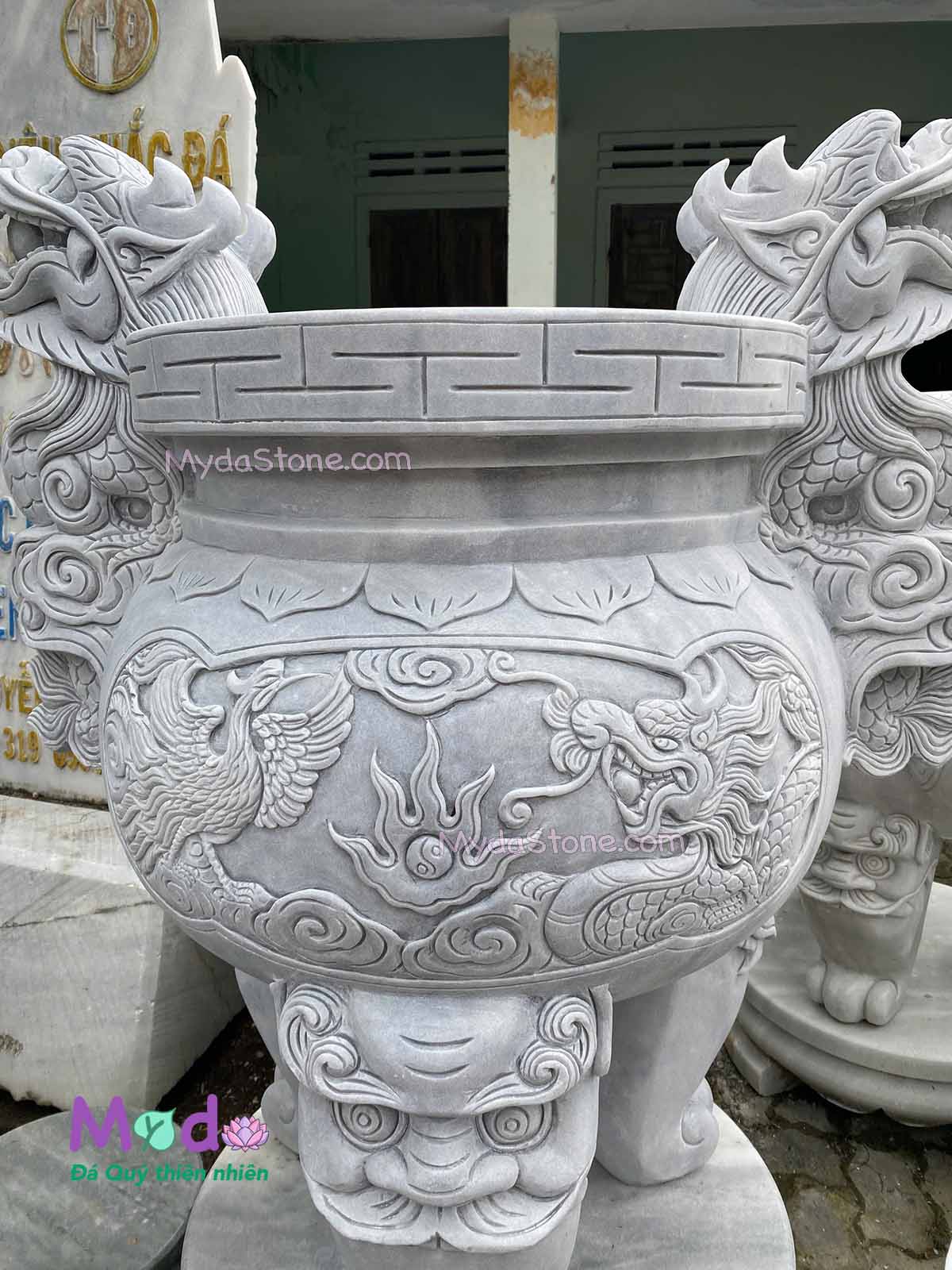 Lư Hương chạm rồng đá Cẩm Thạch Trắng Xám