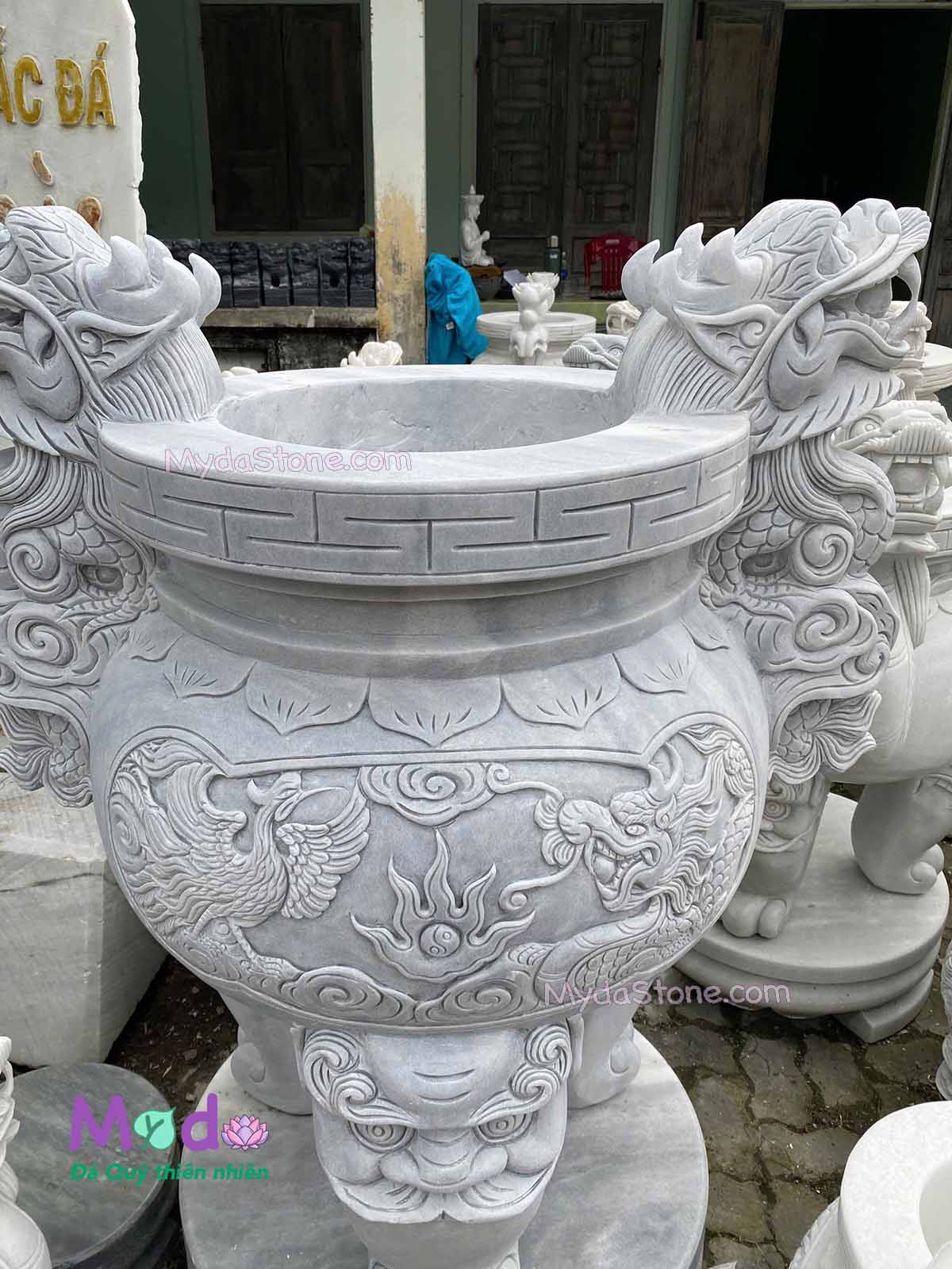 Lư Hương chạm rồng đá Cẩm Thạch Trắng Xám