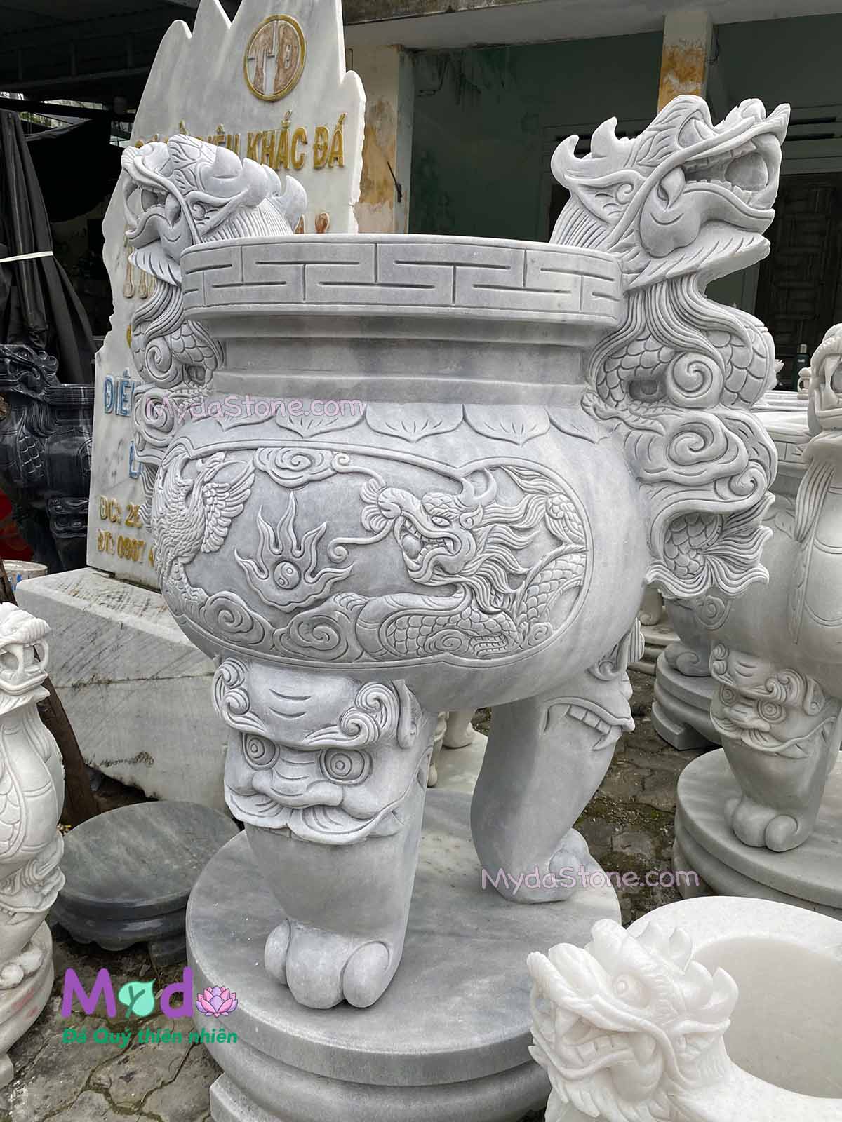 Lư Hương chạm rồng đá Cẩm Thạch Trắng Xám