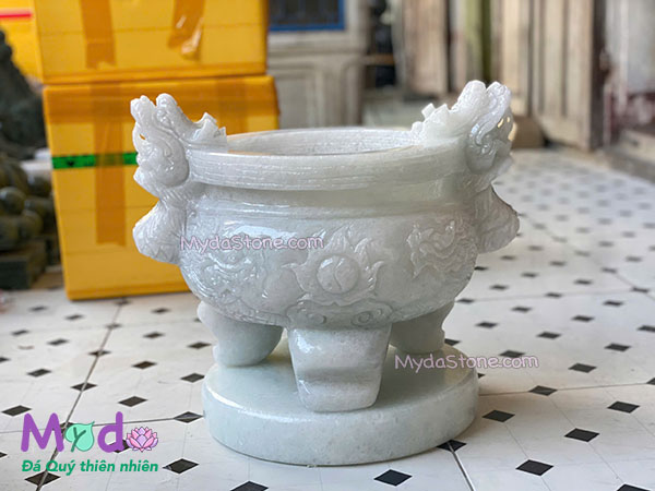 Lư Hương chạm rồng đá Cẩm Thạch Trắng Xanh