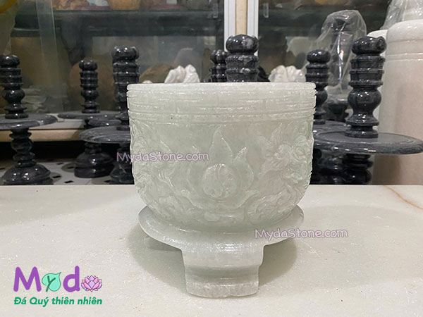 Lư Hương chạm rồng đá Cẩm Thạch Trắng Xanh