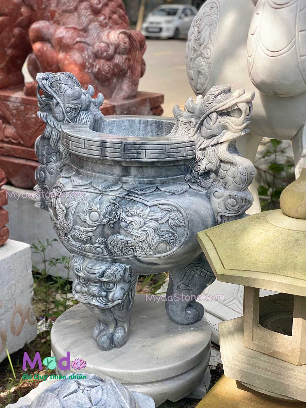 Lư Hương chạm rồng đá Cẩm Thạch Xám