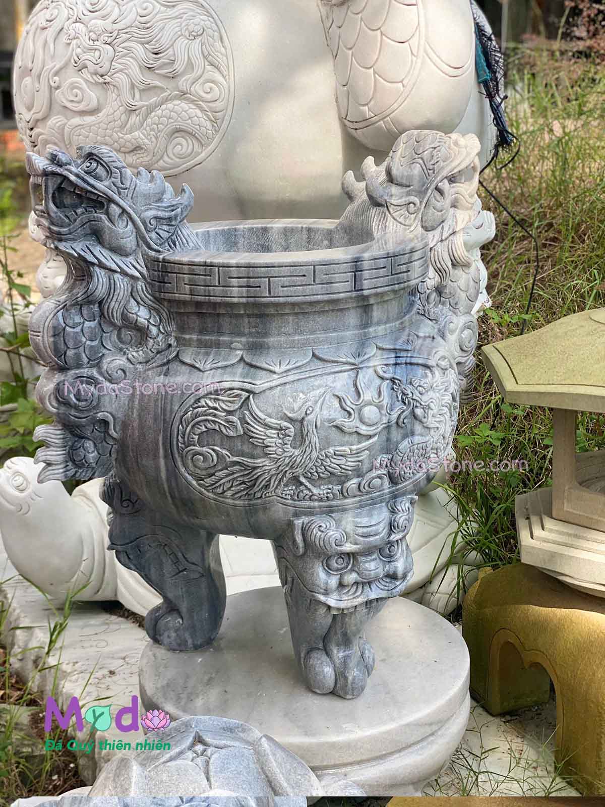 Lư Hương chạm rồng đá Cẩm Thạch Xám