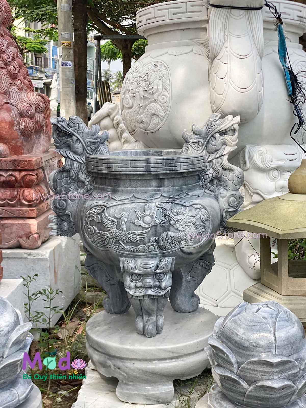 Lư Hương chạm rồng đá Cẩm Thạch Xám