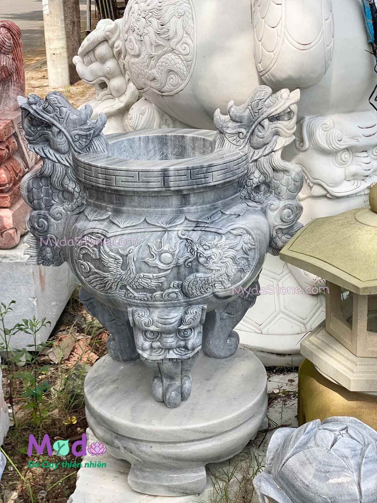 Lư Hương chạm rồng đá Cẩm Thạch Xám
