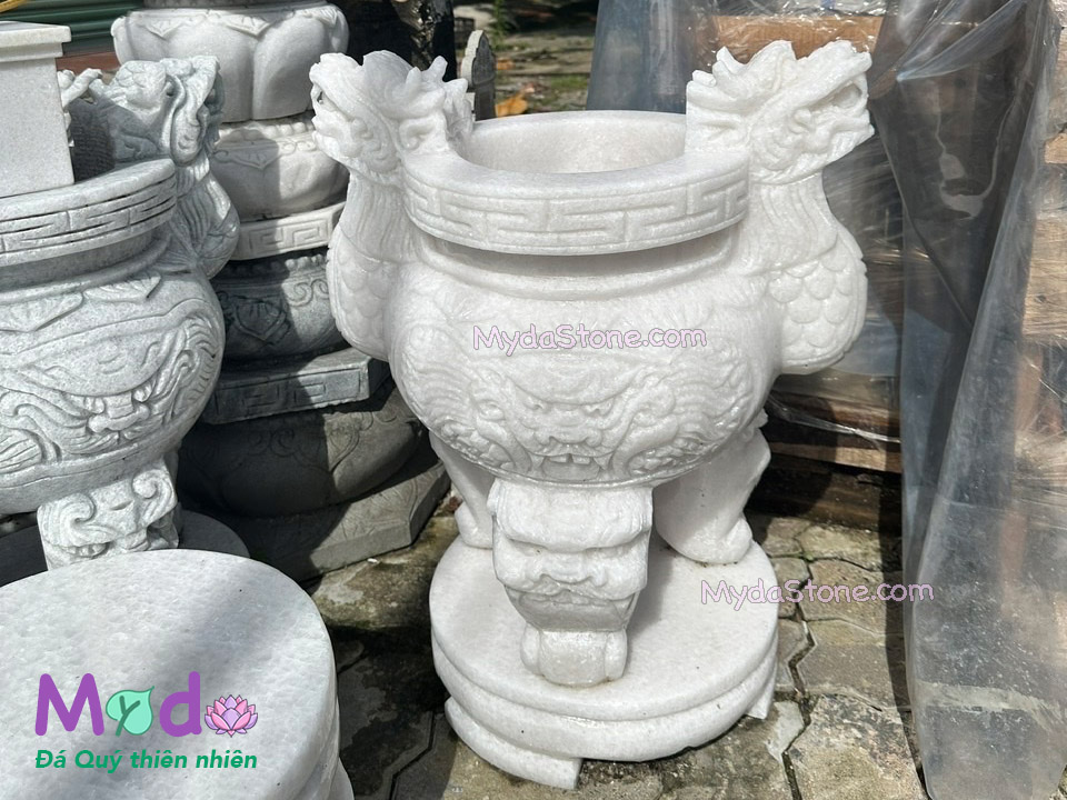 Lư Hương chạm rồng đá Cẩm Thạch Trắng