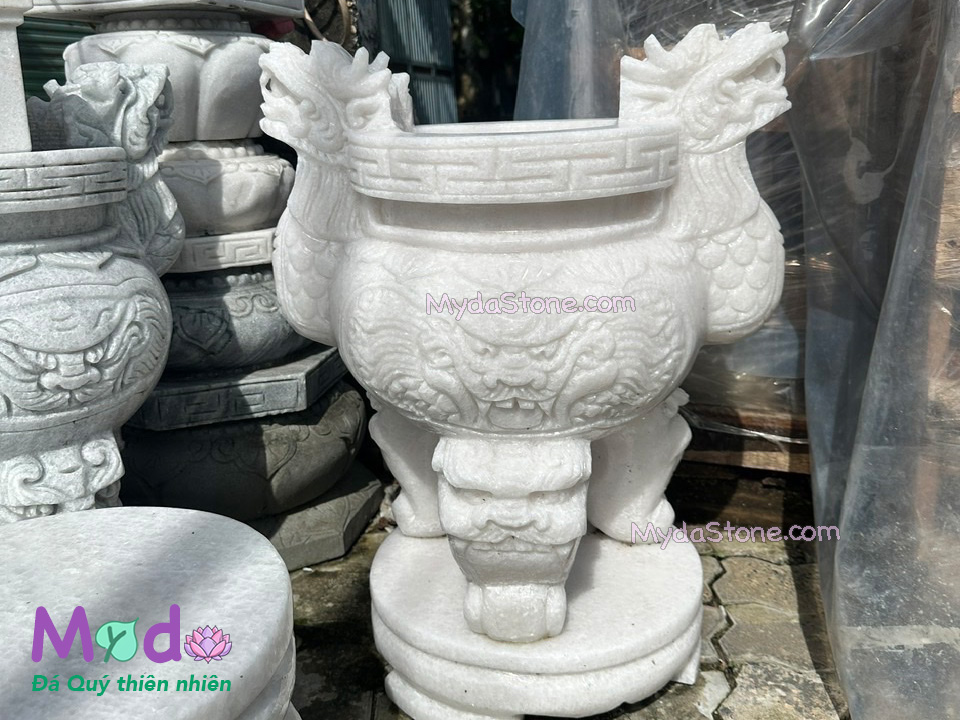 Lư Hương chạm rồng đá Cẩm Thạch Trắng