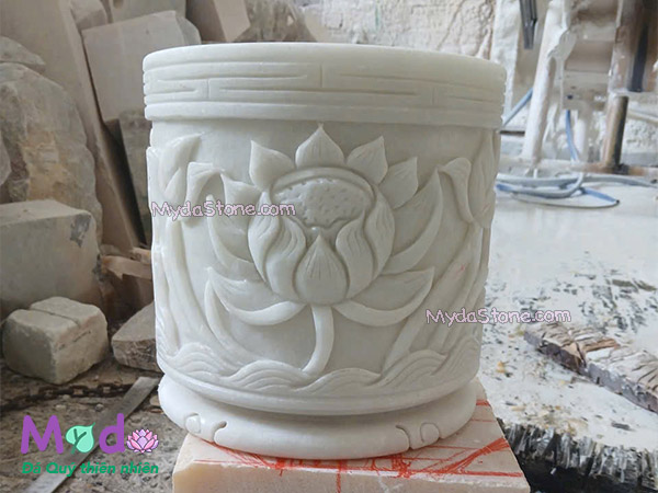 Lư Hương chạm Sen đá Cẩm Thạch Trắng