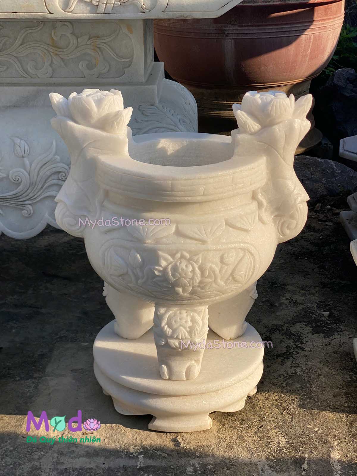 Lư Hương Chạm Hoa Sen đá Cẩm Thạch Trắng