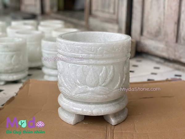 Lư Hương chạm sen đá Cẩm Thạch Trắng Xanh