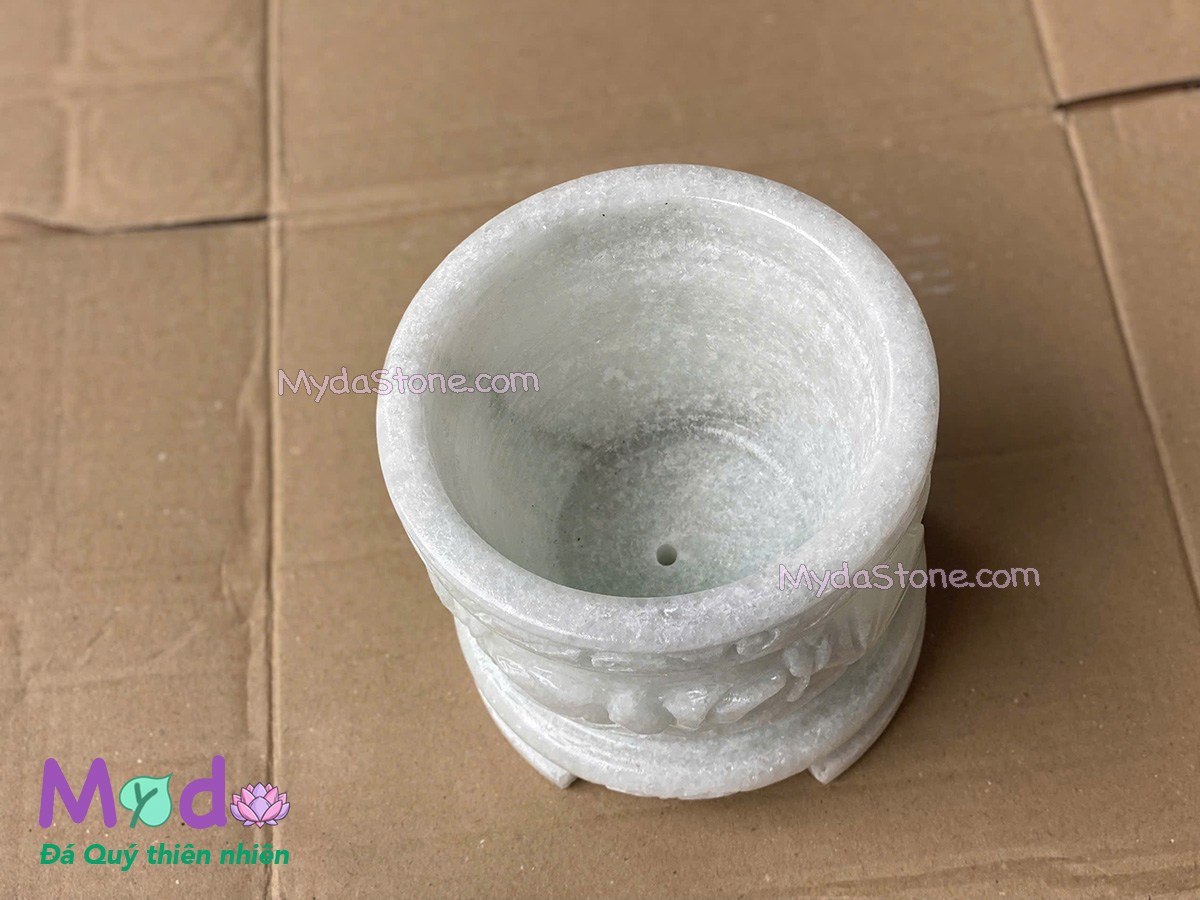 Lư Hương chạm sen đá Cẩm Thạch Trắng Xanh