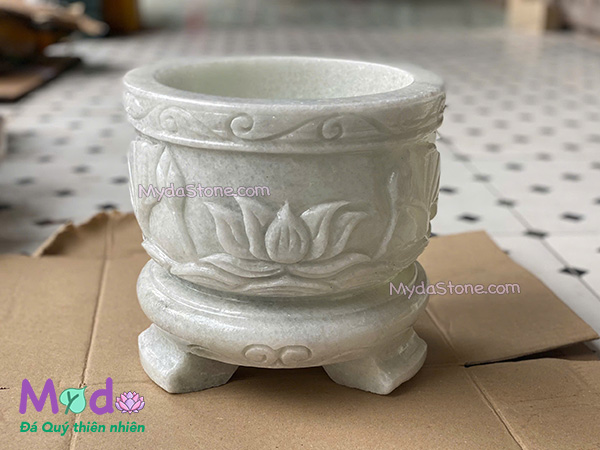 Lư Hương chạm sen đá Cẩm Thạch Trắng Xanh