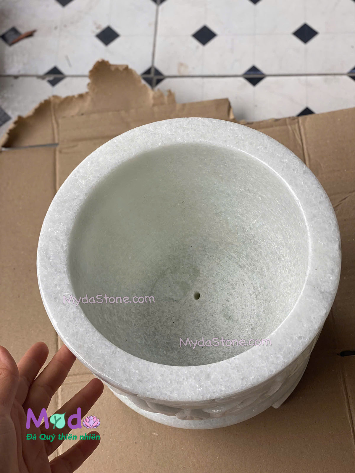 Lư Hương chạm sen đá Cẩm Thạch Trắng Xanh