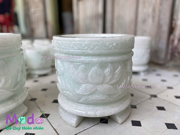 Lư Hương chạm sen đá Cẩm Thạch Trắng Xanh