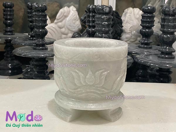 Lư Hương chạm sen đá Cẩm Thạch Trắng Xanh
