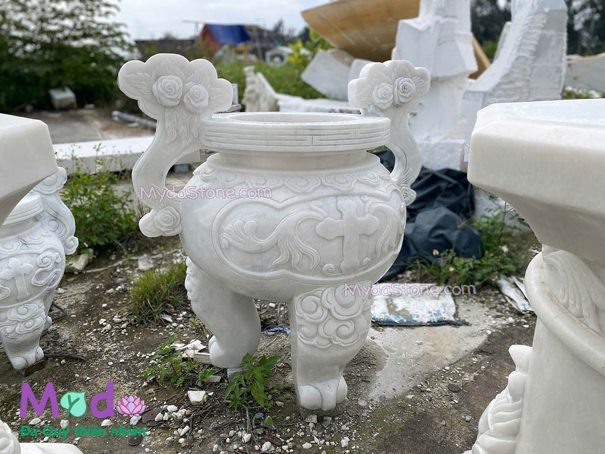 Lư Hương Công Giáo đá Cẩm Thạch Trắng