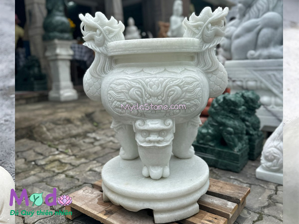 Lư Hương chạm rồng đá Cẩm Thạch Trắng