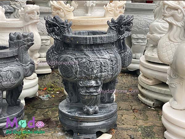 Lư Hương chạm rồng đá Cẩm Thạch Đen