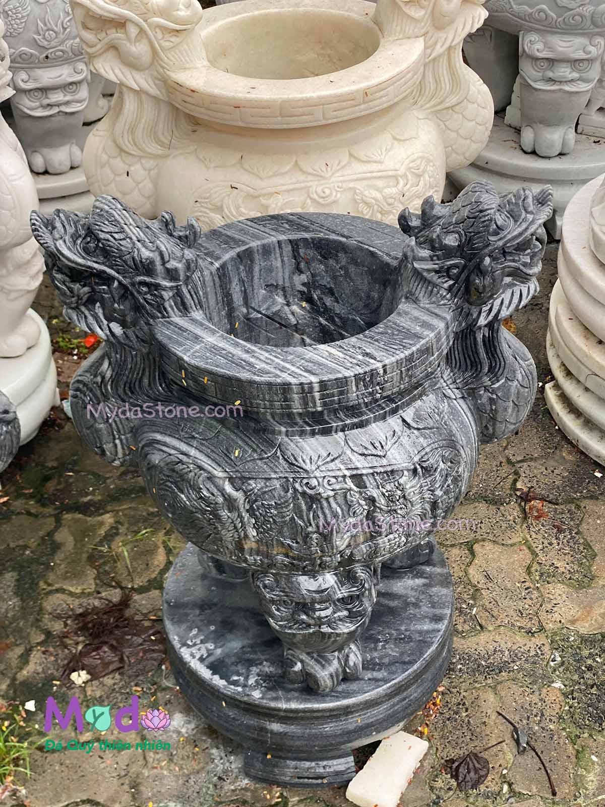 Lư Hương chạm rồng đá Cẩm Thạch Đen