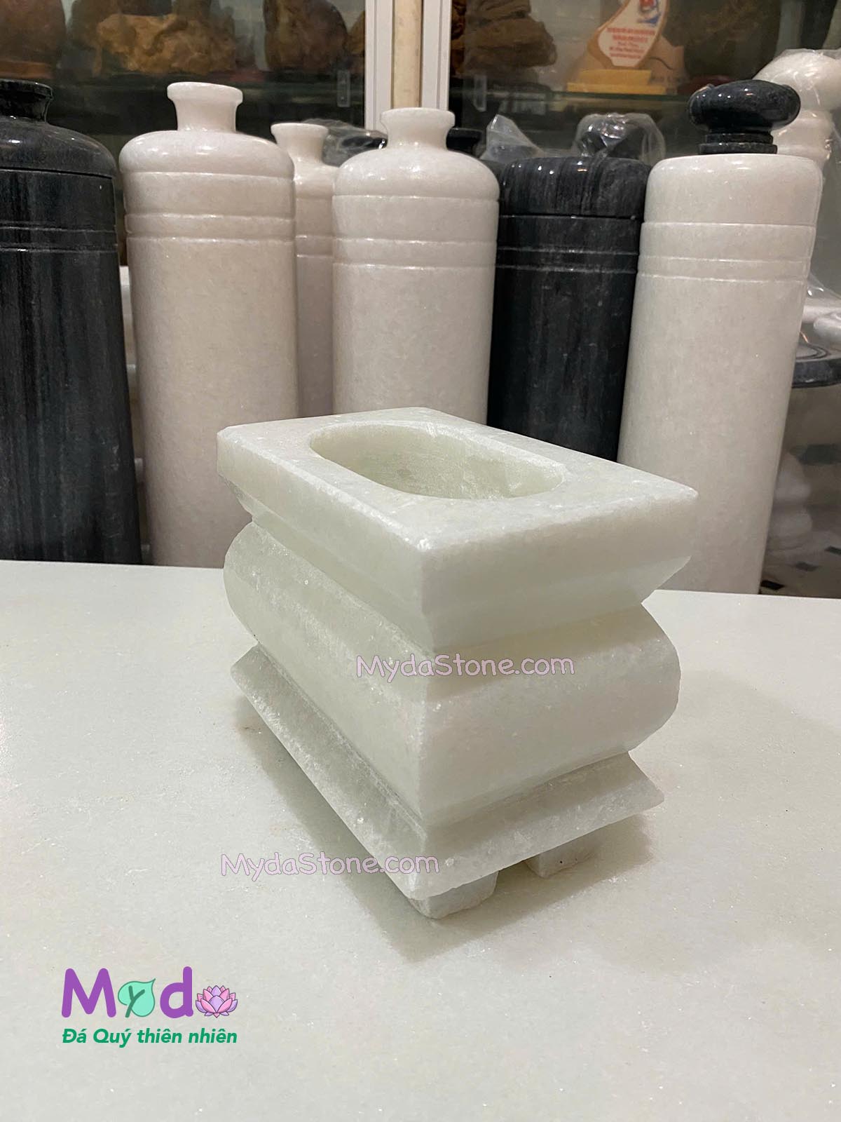 Lư Hương đá loại Vuông đá Cẩm Thạch Trắng