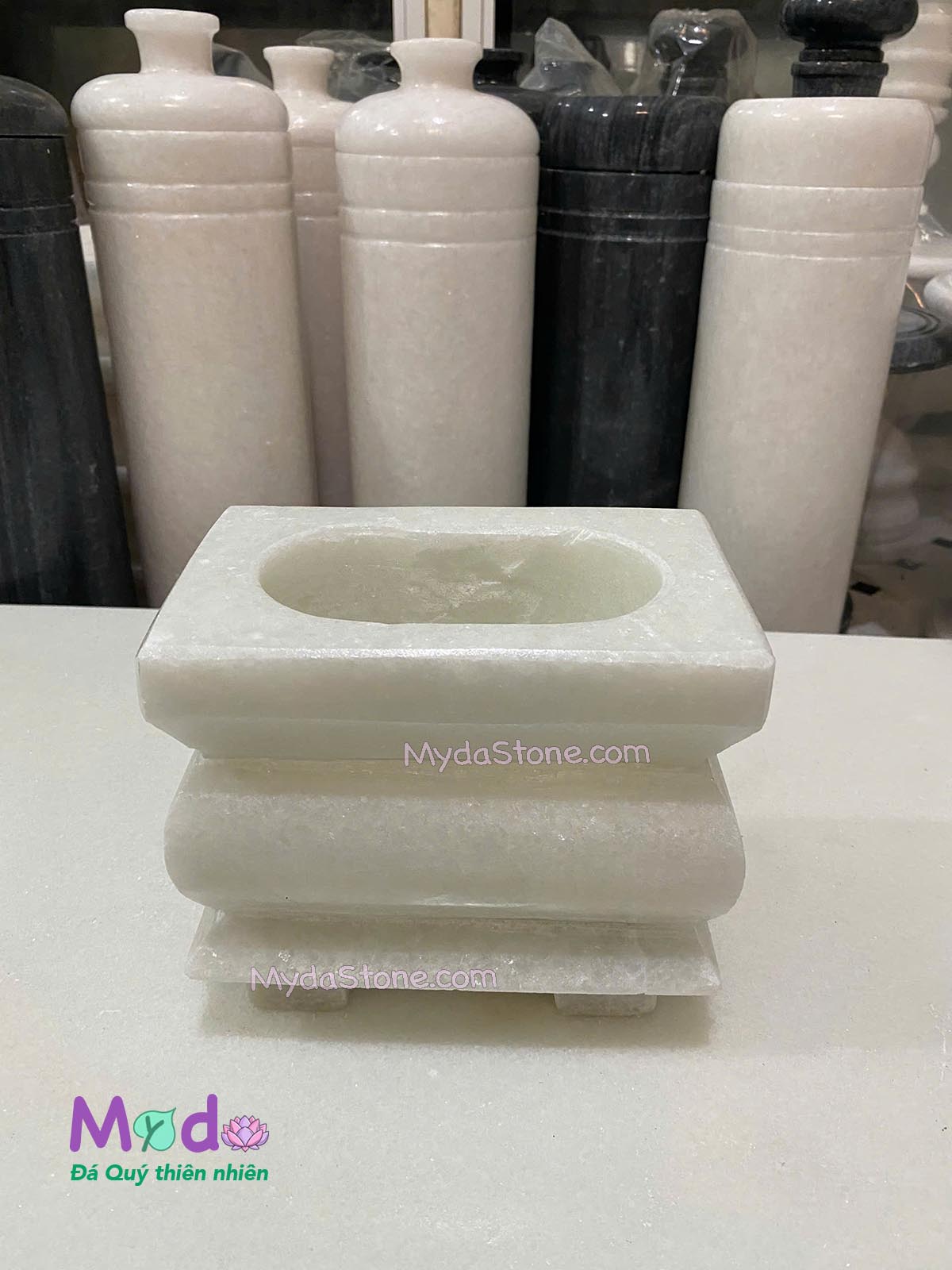 Lư Hương đá loại Vuông đá Cẩm Thạch Trắng