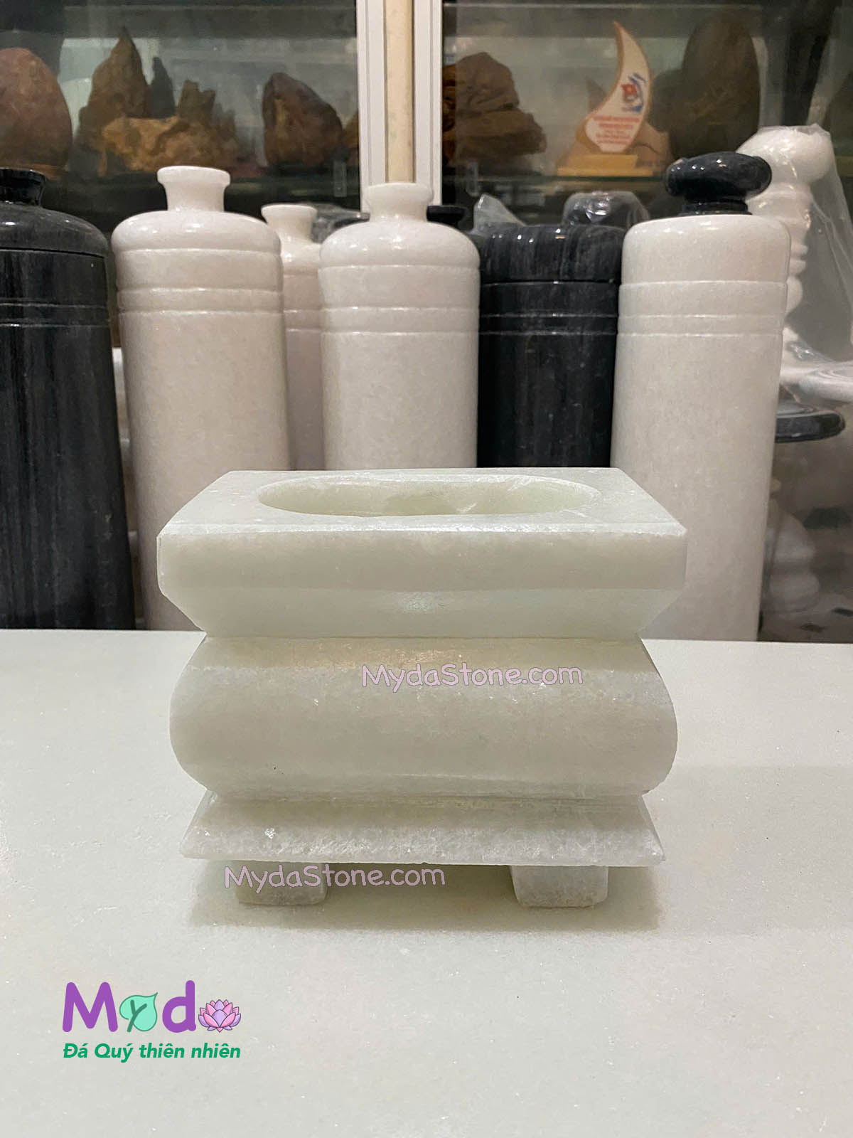 Lư Hương đá loại Vuông đá Cẩm Thạch Trắng