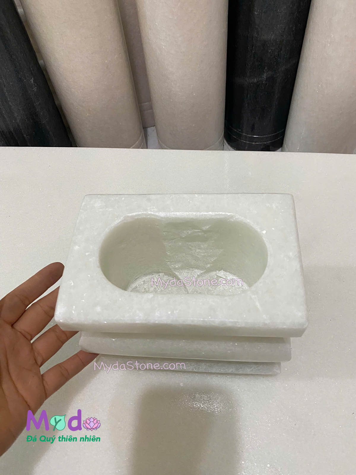 Lư Hương đá loại Vuông đá Cẩm Thạch Trắng