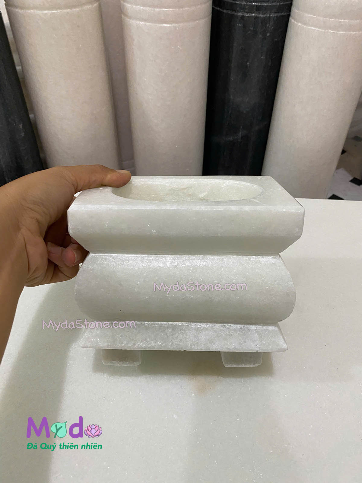 Lư Hương đá loại Vuông đá Cẩm Thạch Trắng