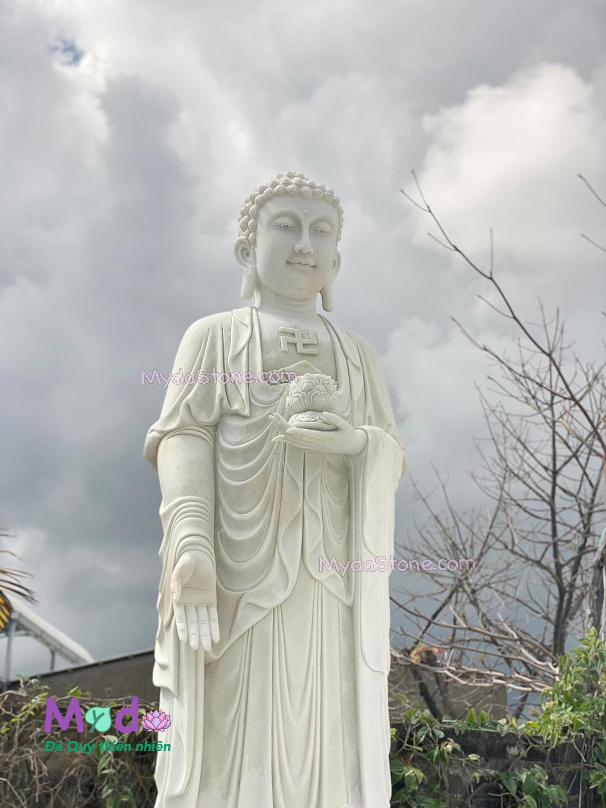 Tượng Phật A Di Đà đứng đài sen đá Cẩm Thạch Trắng Xanh