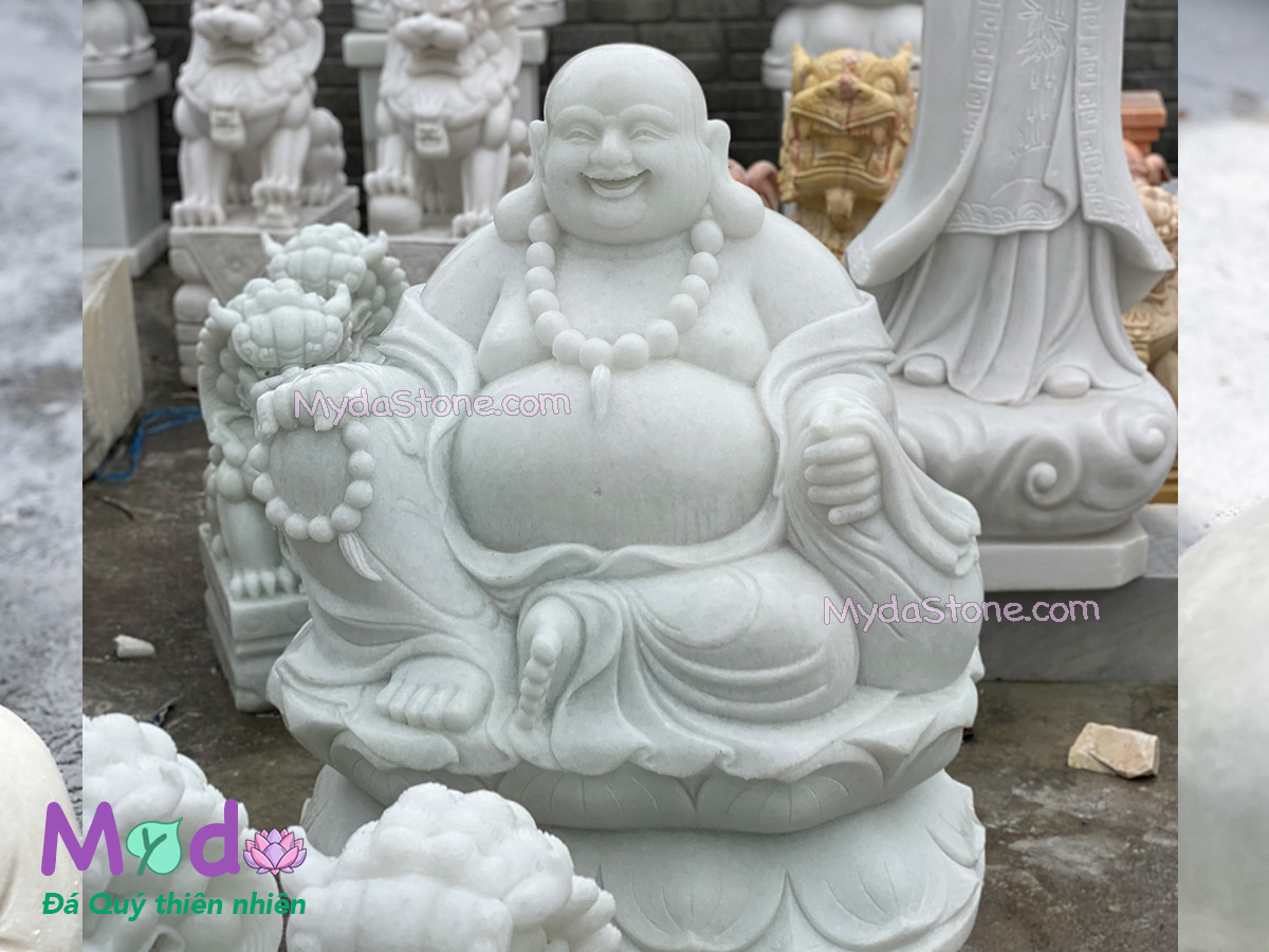 Tượng Phật Di Lặc ngồi đá Cẩm Thạch Trắng Xanh