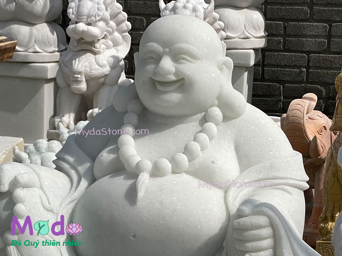 Tượng Phật Di Lặc ngồi đá Cẩm Thạch Trắng Xanh