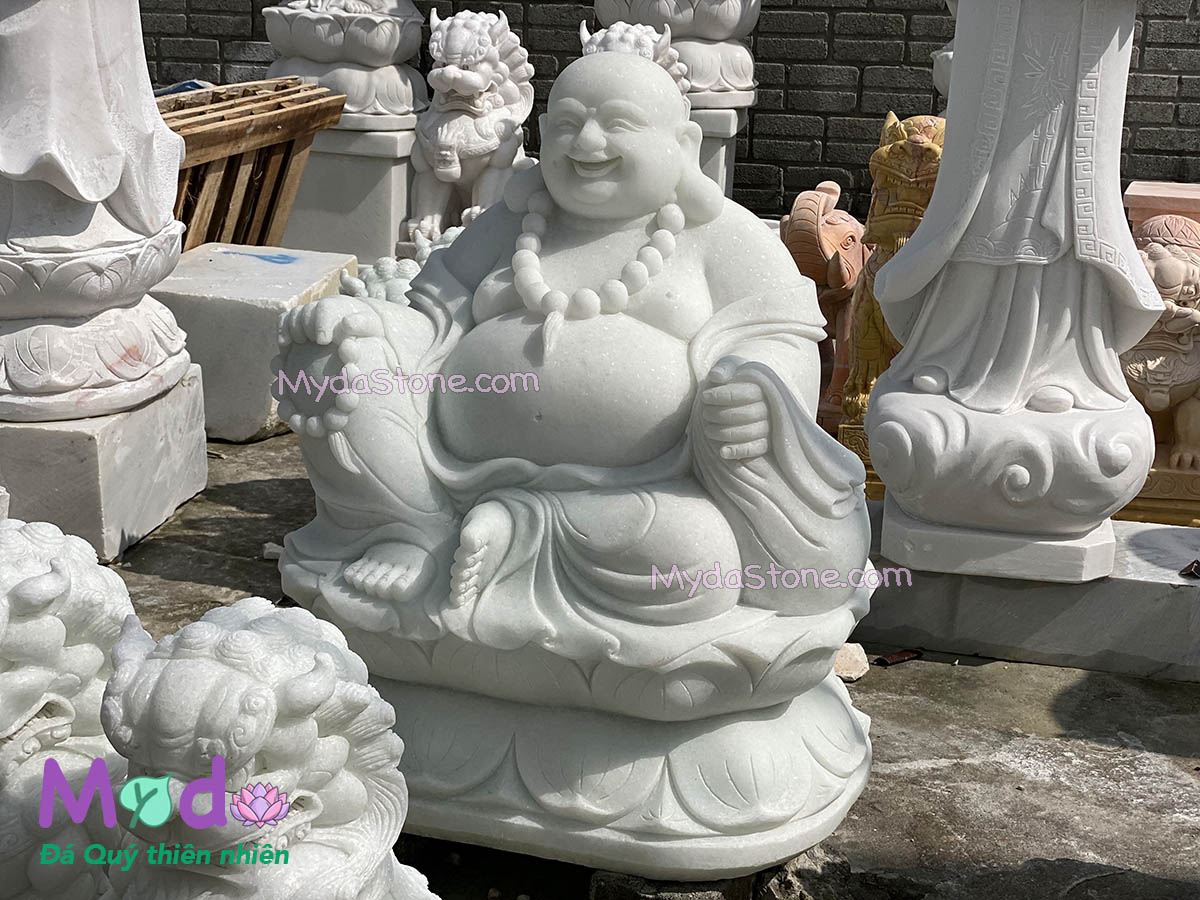 Tượng Phật Di Lặc ngồi đá Cẩm Thạch Trắng Xanh