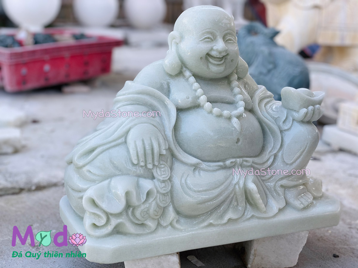 Tượng Phật Di Lặc ngồi đá Cẩm Thạch Trắng Xanh