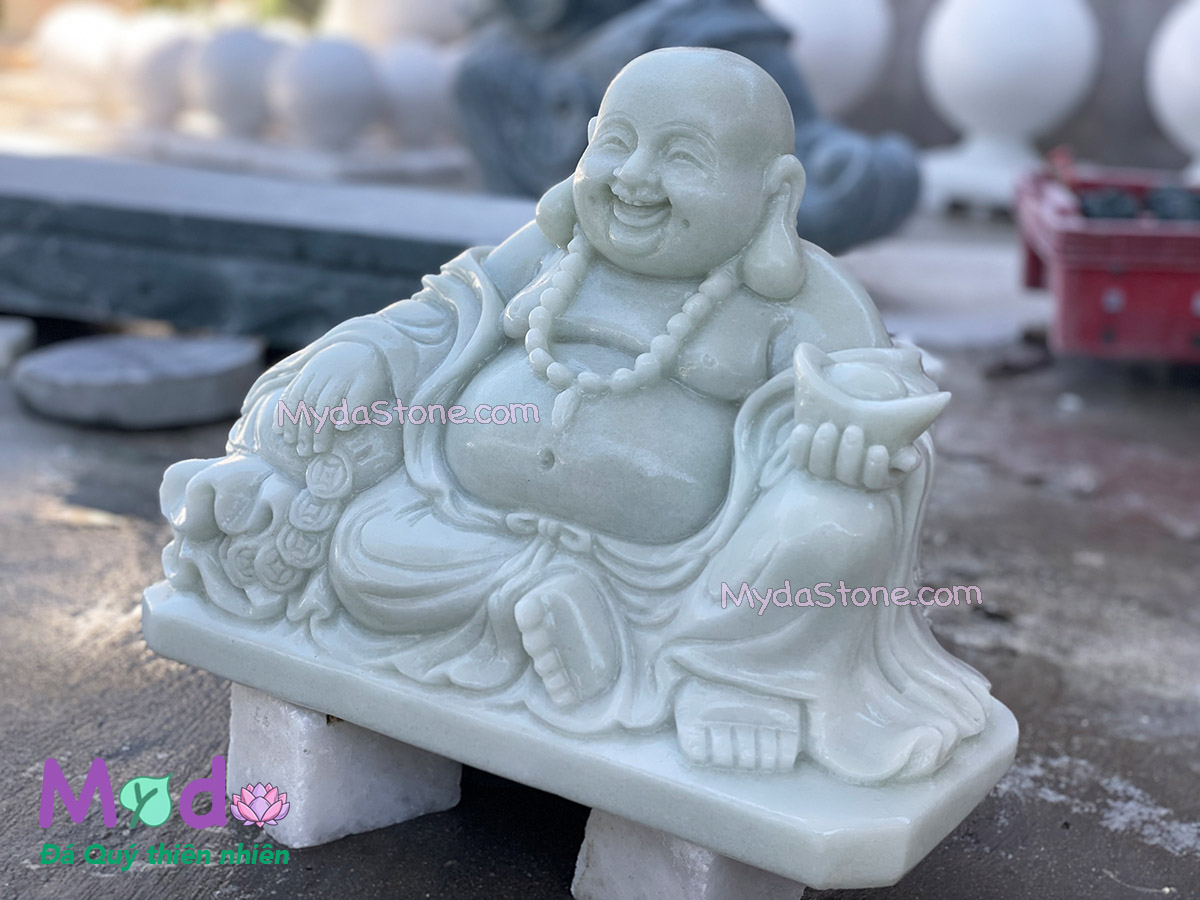 Tượng Phật Di Lặc ngồi đá Cẩm Thạch Trắng Xanh