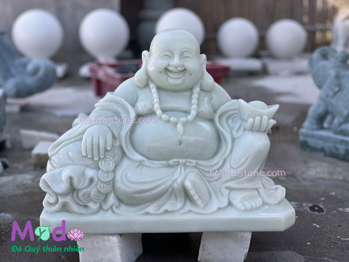 Tượng Phật Di Lặc ngồi đá Cẩm Thạch Trắng Xanh
